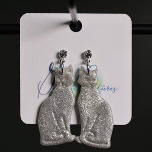 Galactic Captures Silver Sparkly Kitty Polymer Clay Post Earrings